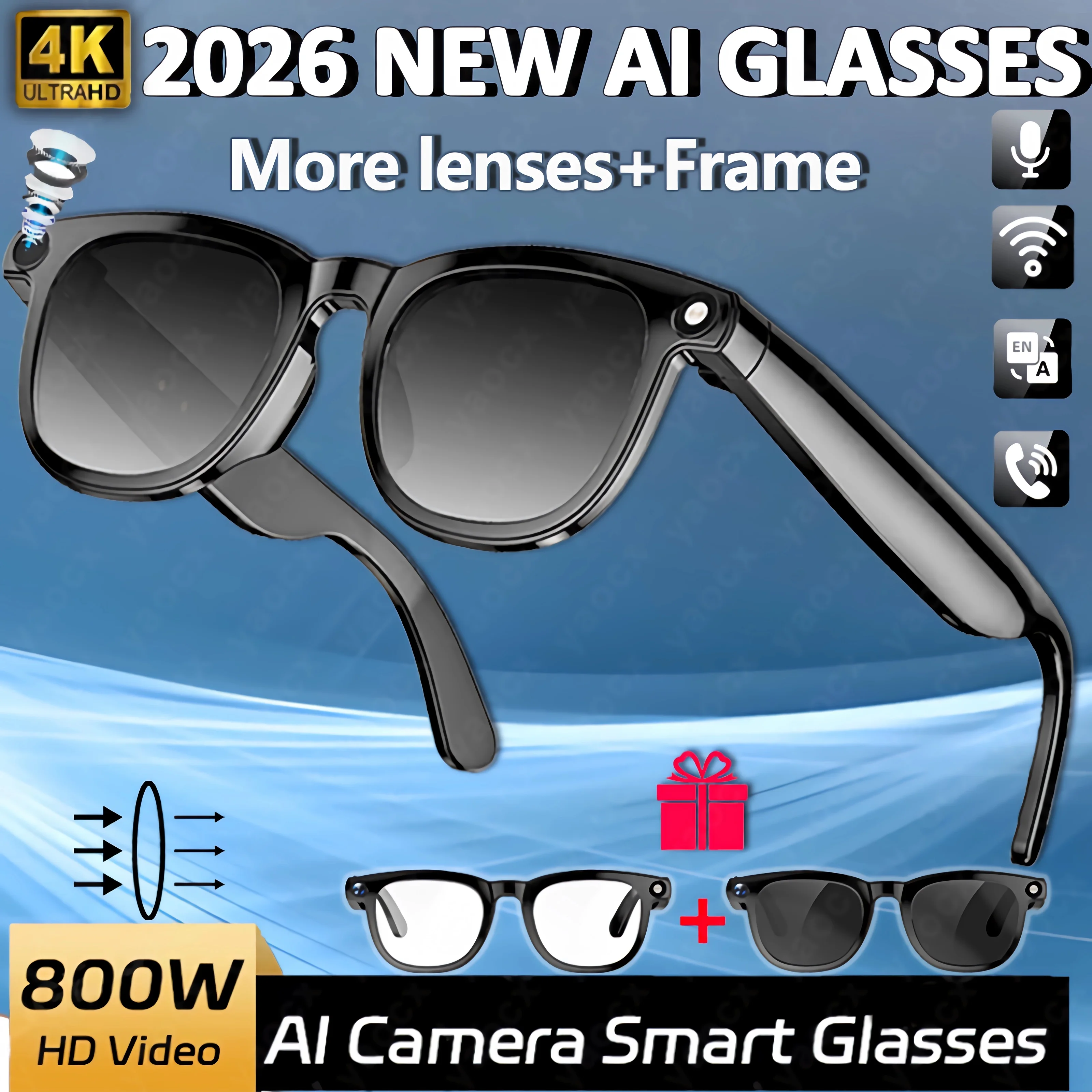 

Новые умные очки с ИИ: камера 8 МП HD, переводчик ИИ, запись видео 4K Ultra, разговоры с ИИ, воспроизведение музыки, аккумулятор 290 мАч