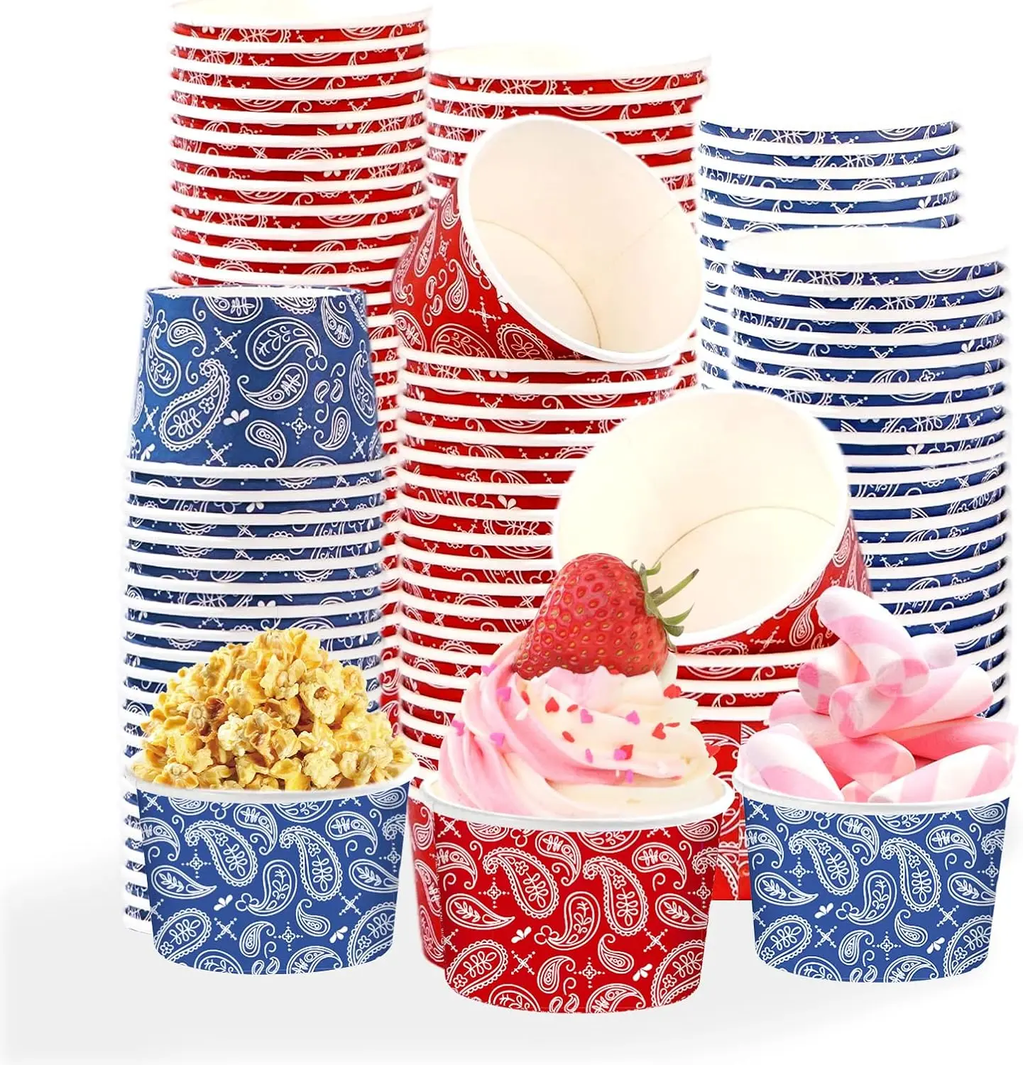 

120 Pcs Western Cowboy Ice Cream Cups 12 oz Disposable Blue Red Bandana Paper Dessert Snack Bowl Western Bandana Food Yo