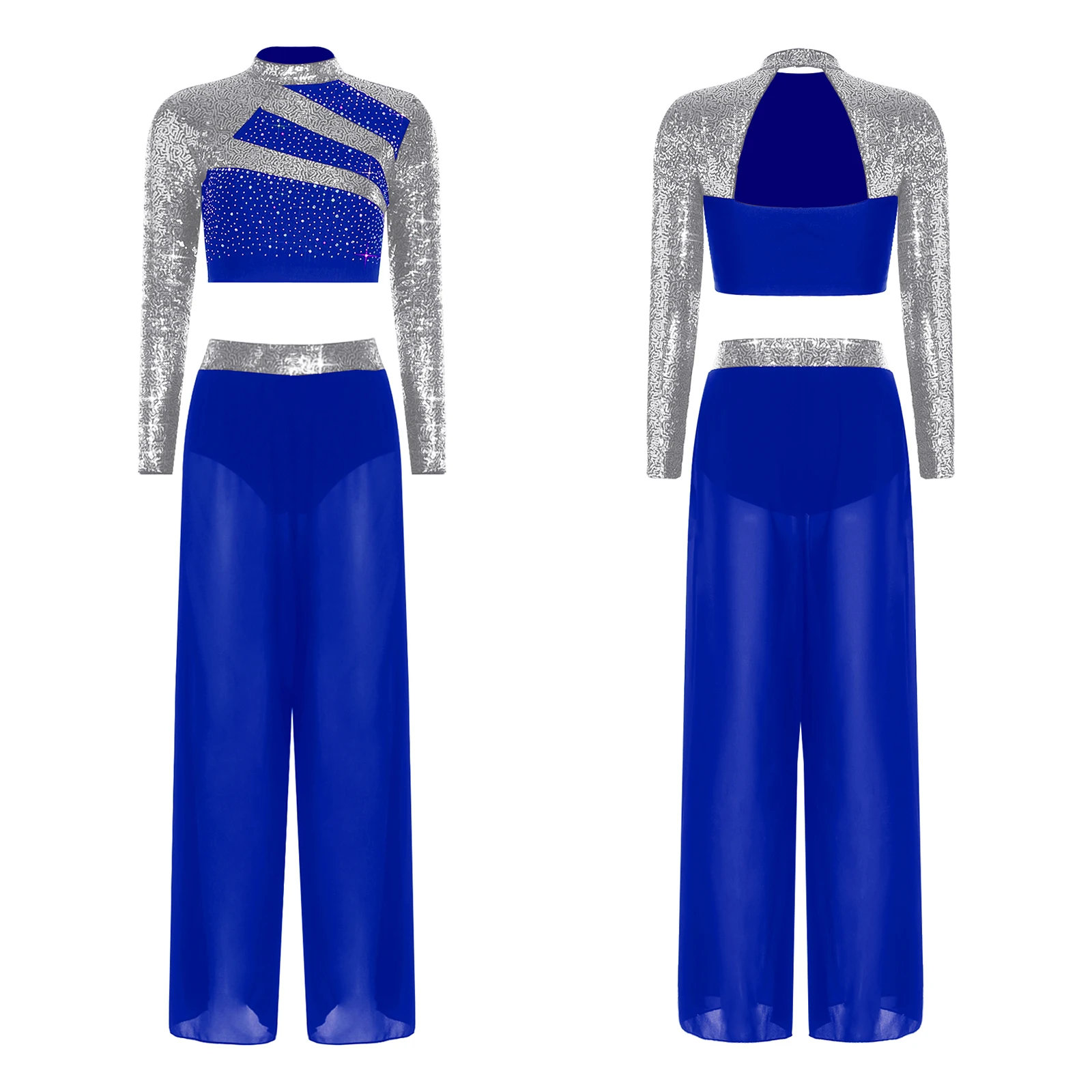 Abiti da ballo da sala jazz in due pezzi da donna Collo a lupetto Manica lunga Ritaglio sul retro Paillettes Strass Crop Top con pantaloni con spacco laterale