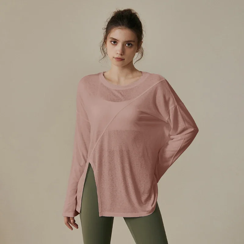 Soft Yoga Clothing Women Running Sport Loose Blouse T-Shirt Pilates Training Long Sleeve Breathable Hollow Out Split Top Fitness