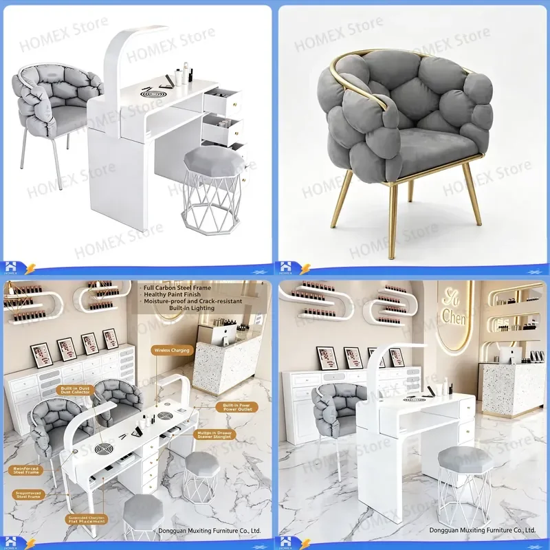 Nail Table with LED Lights Wireless Charging Dust Collector Multi Drawer Storage Manicure Station Salon Workstation for Nail