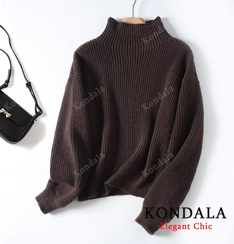 KONDALA Maglione dolcevita vintage da donna Autunno Marrone High Street Top lavorato a maglia 2025 Autunno Inverno Moda elegante maglione casual