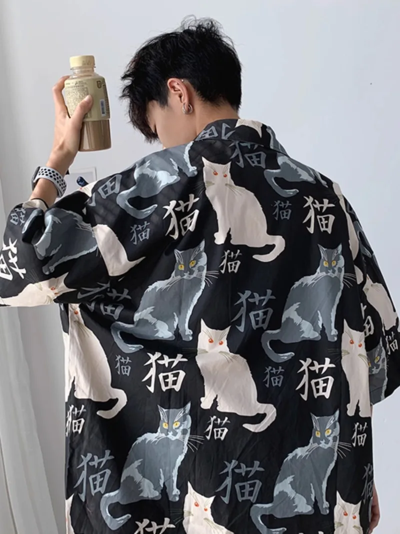 Men Cool Summer Loose T Shirt Casual Short Sleeve Cat Anime Lapel Shirts Single Breasted Blouse Summer Tops Hip Hop Streetwear