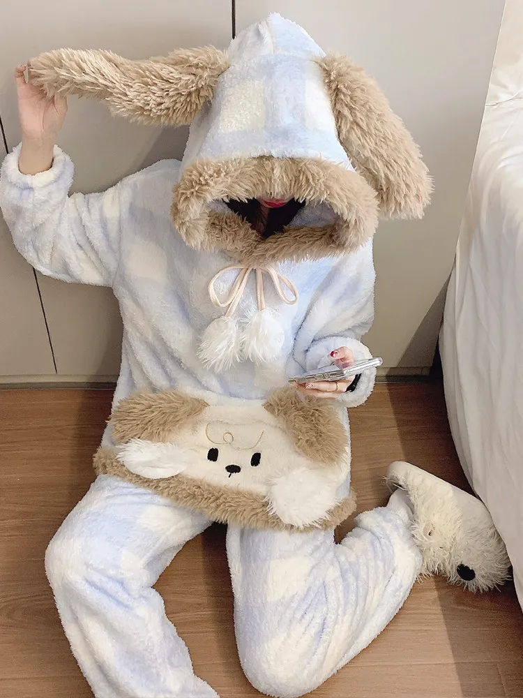 

Cute Plu Doggie Spwear Women's Thiened Coral Fce Home Clothes Set Cartoon Outwear Suitable for Autumn And Winter