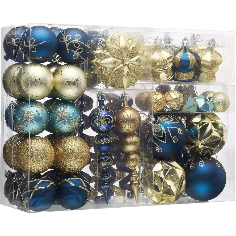 

Christmas Tree Decorations Set, 108ct Blue and Gold Shatterproof Ball Ornaments Bulk, Peacock Hanging Ornaments for Decor