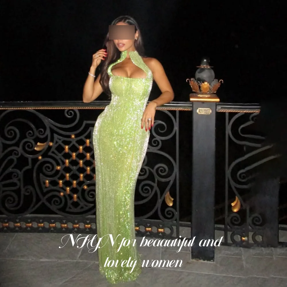 NFYN Trendy Lime Green Halter High Neck Long Evening Gown Sparkly ...