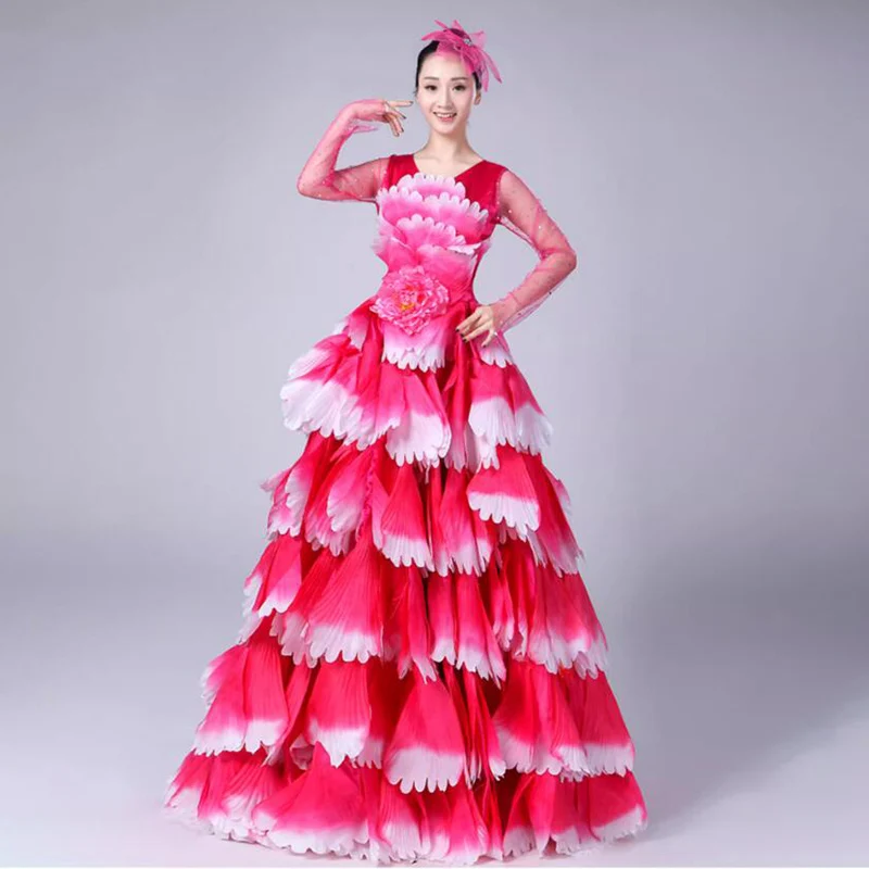 Damen Spanisches Flamenco Stierkampf-Kleid, Eröffnungstanz, Großer Schwung, Blütenblatt-Design, Klassische Kleider, Bühnentänzerin, Performance-Rock, Kostüm – Detail 9
