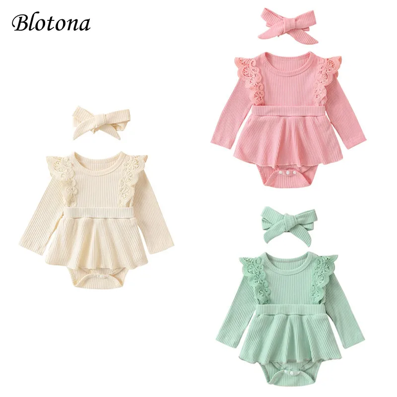 Blotona Baby Girls Romper Dress Crew Neck Lace Fly Sleeve Layered Skirt Hem Toddler Bodysuits with Headband 0-12Months