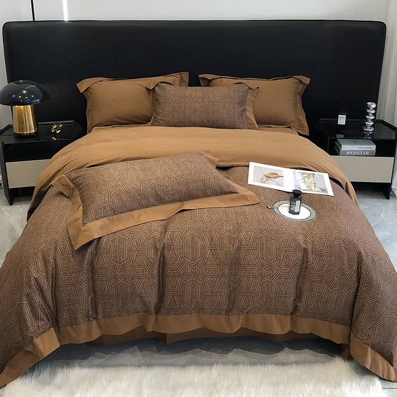 

2023 Long Staple Cotton Embroidered Plain Color Four-piece Bedding Household Must Four Seasons Universal Luxury Bedding Brown