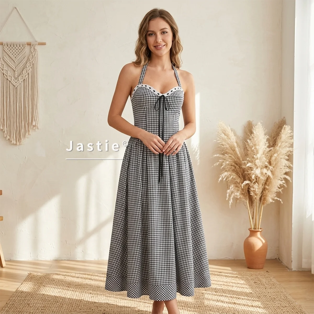 Vestido Retro de Cuadros Vichy con Cuello Halter para Mujer, Sexy Corsé Bustier con Encaje, Sin Espalda, Línea A, Vestido Midi Elegante para Verano, Vacaciones, Playa