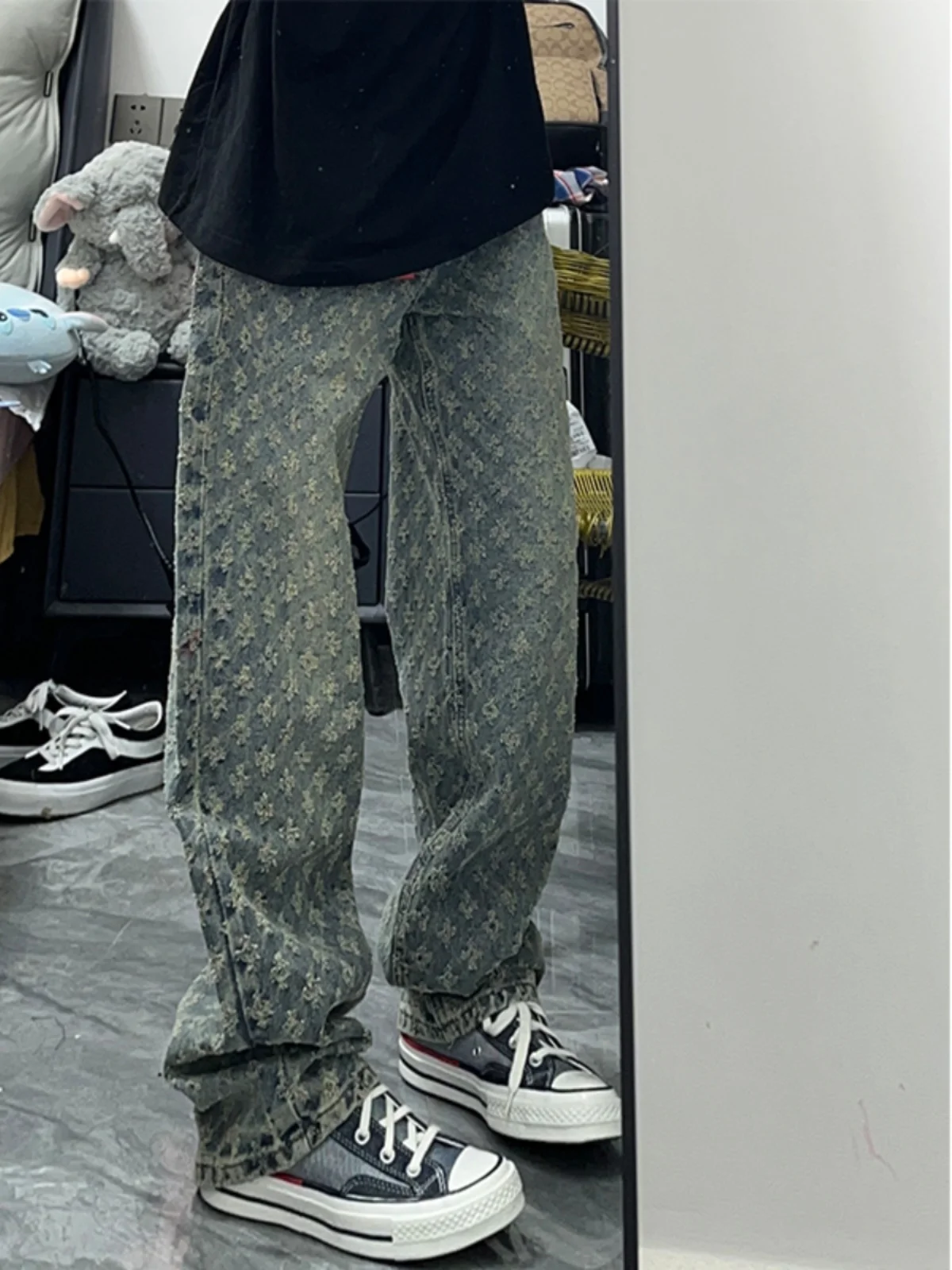 

Trendy Men's Embroidered Denim Jeans High Street Straight Leg Cotton Blend Youthful Sle All Season Wear