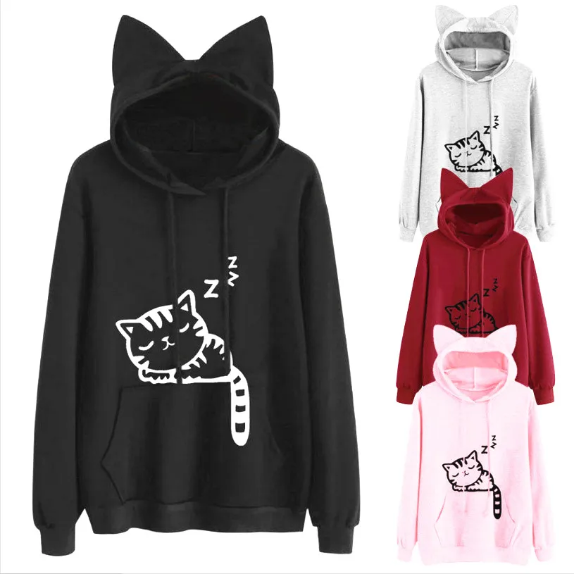 

Winter Pullover Sweater Women Tops Bandage Boho Cat Casual Pocket Long Sleeve Pull Female Solid Hooded Sweaters Pullovers