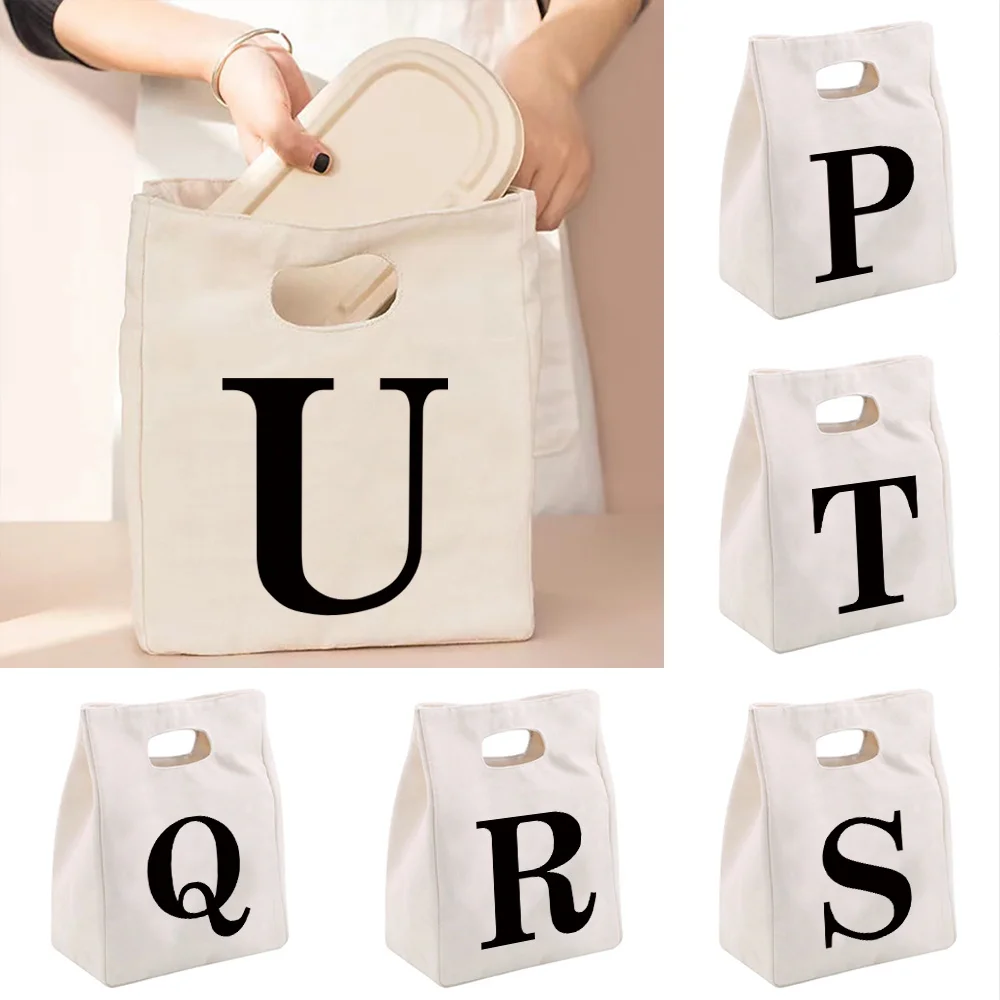 

Insulation Lunch Bags Canvas Black Letter Luncheon Kids Picnic Tote Cloth Small Handbag Pouch Dinner Container Food Storage Bag