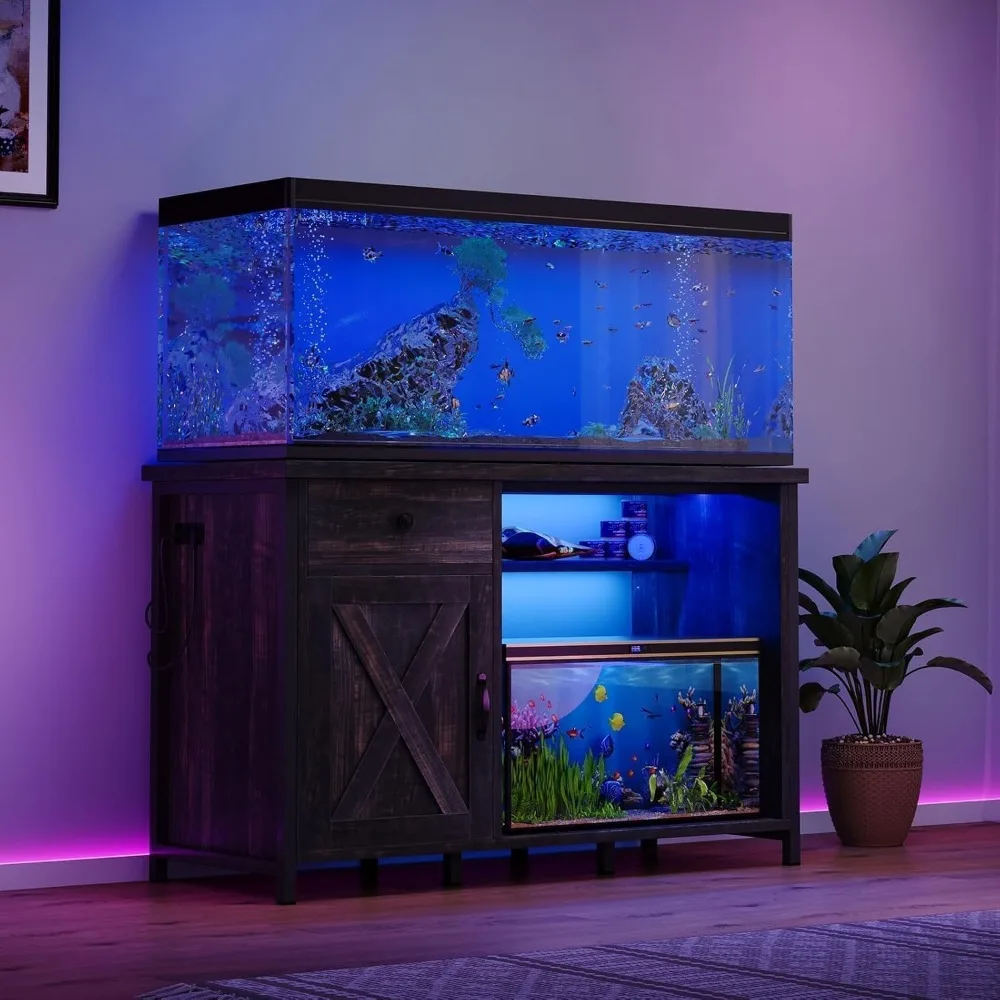 55 Gallon Fish Tank Stand with LED Light & Power Outlets, 55-75 Gallon Aquarium Stand with Drawer & Barn Door,