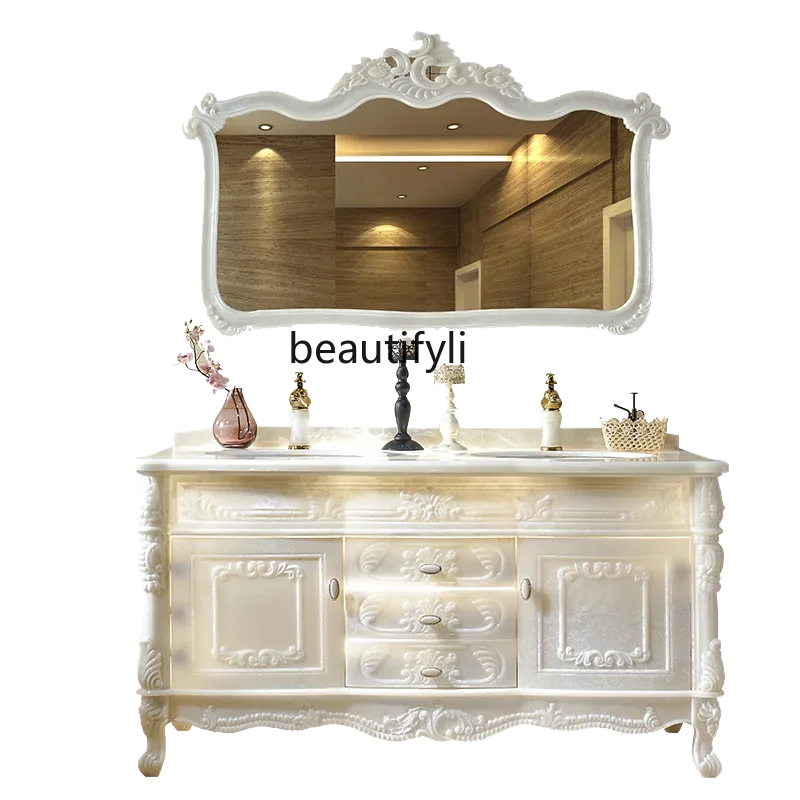 

European-Style Bathroom Cabinet Light Luxury Bathroom Integrated Jade Floor Double Basin Washbasin Washstand