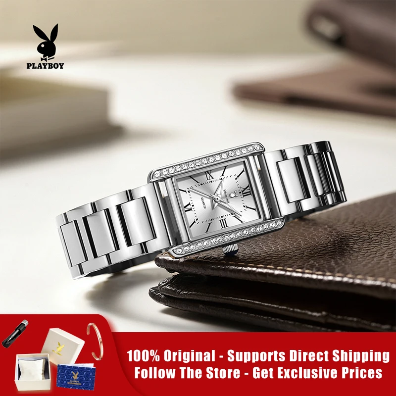 

PLAYBOY 3552 Brand original authentic watch for woman Stainless steel strap small square watch exquisite quartz women's watch