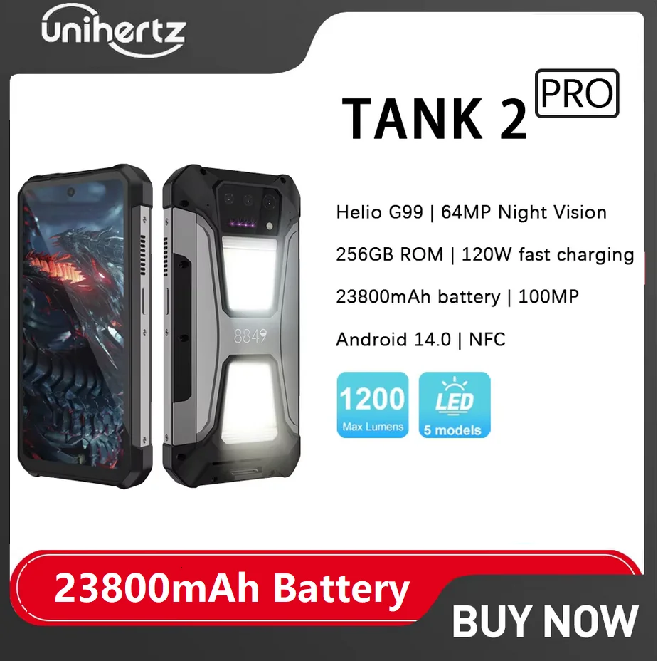 Unihertz 8849 Tank 2 PRO Rugged Smartphone Android 14,with Projector 6.79 Inch 8GB+256GB 23800mAh Battery 100MP NFC Cell Phone