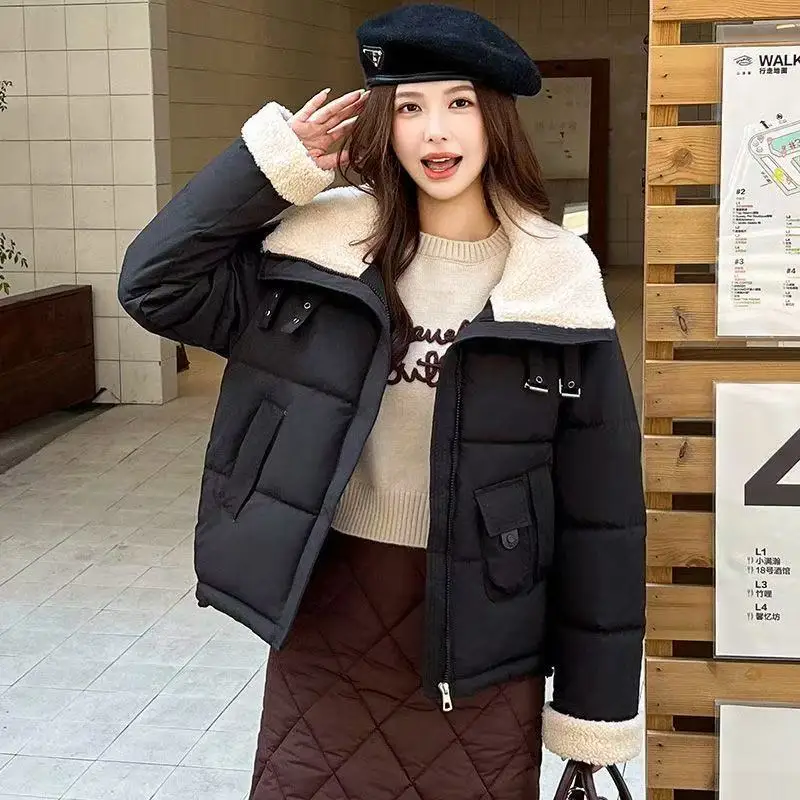 2025 New Lambswool Lapels Short Ladies' coats Down Cotton Padded Jacket Autumn Winter Casual Women's Warm Cotton Clothes Trend