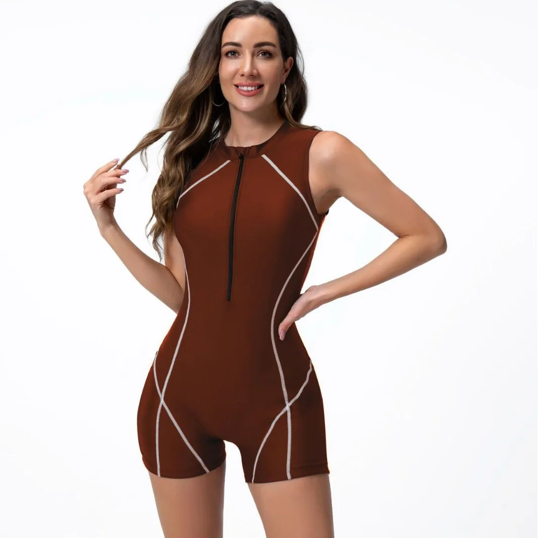 Woman Swimsuit Tankini Sleeveless Striped Swimwear Front Zipper High Neck Bathing Suit Sporty Uv Protection Solid Color One