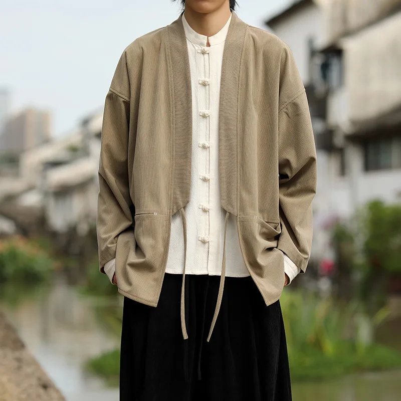 

2025 Autumn and Winter New Chinese Style Men's Trendy Corduroy Solid Color Cardigan Japanese Loose Taoist Robe Jacket