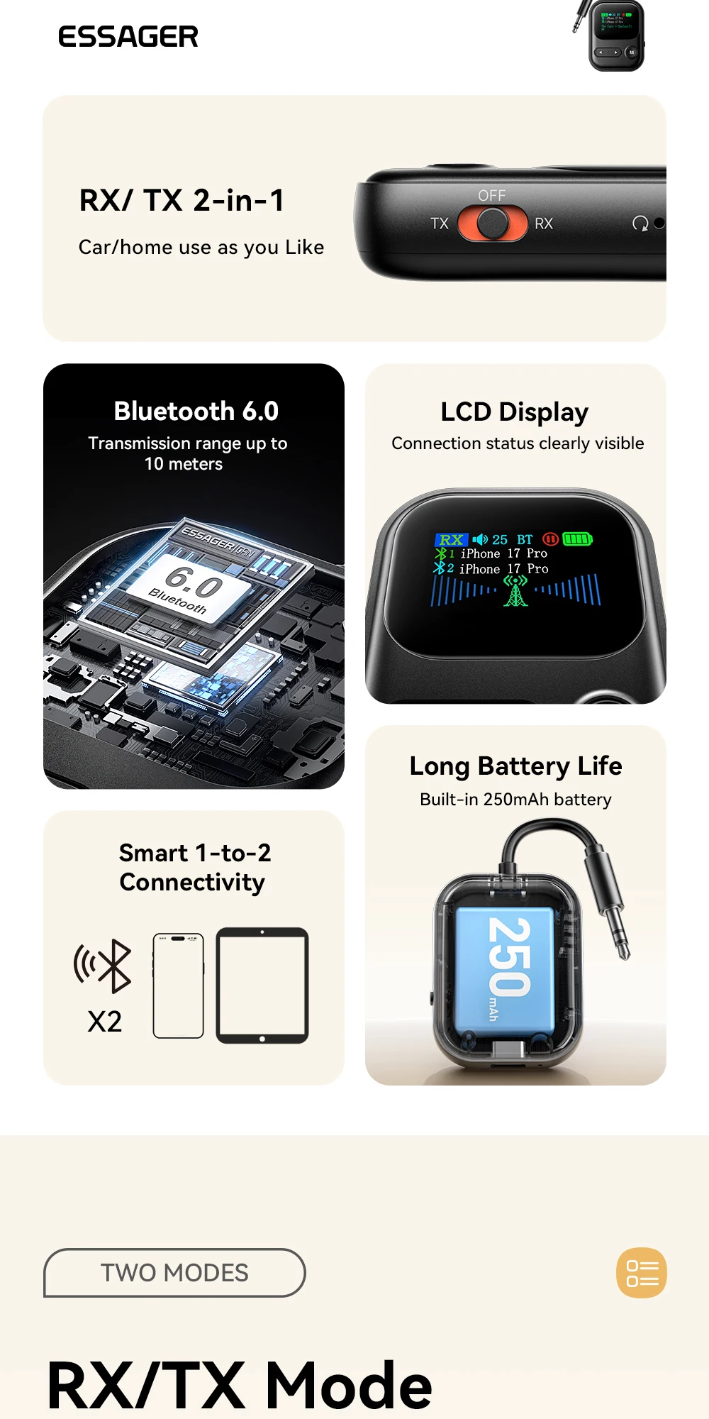 Essager Bluetooth 6.0 Audio-Sender-Empfänger 2 IN 1 RT/TX-Adapter 3,5 mm mit Mikrofon LCD-Display für Lautsprecher, Auto, TV, PC, Flugzeug – Detail 2