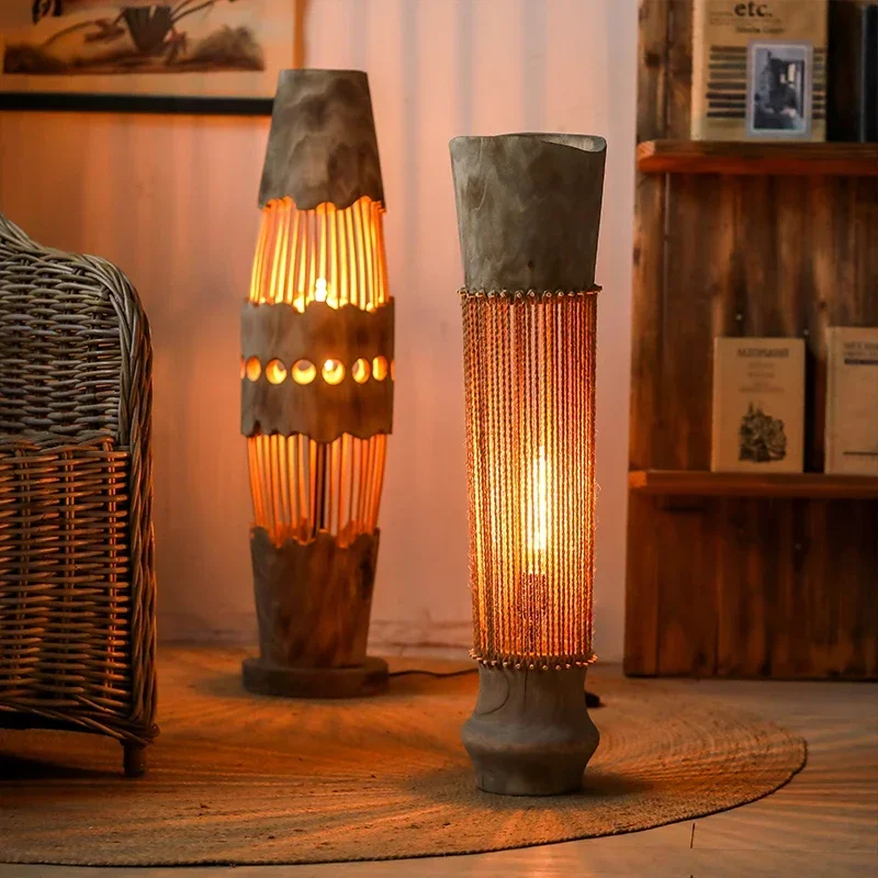 

Hand Made Floor Lamp Log Hollow-out Living Room Floor Lamp Retro Ambience Lamp Decoration