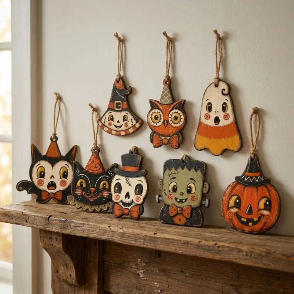 Vintage Style Halloween Pumpkin Ghost Pendant Trick or Treat Distressed Painted Wooden Black Cat Ornament Rustic with Rope