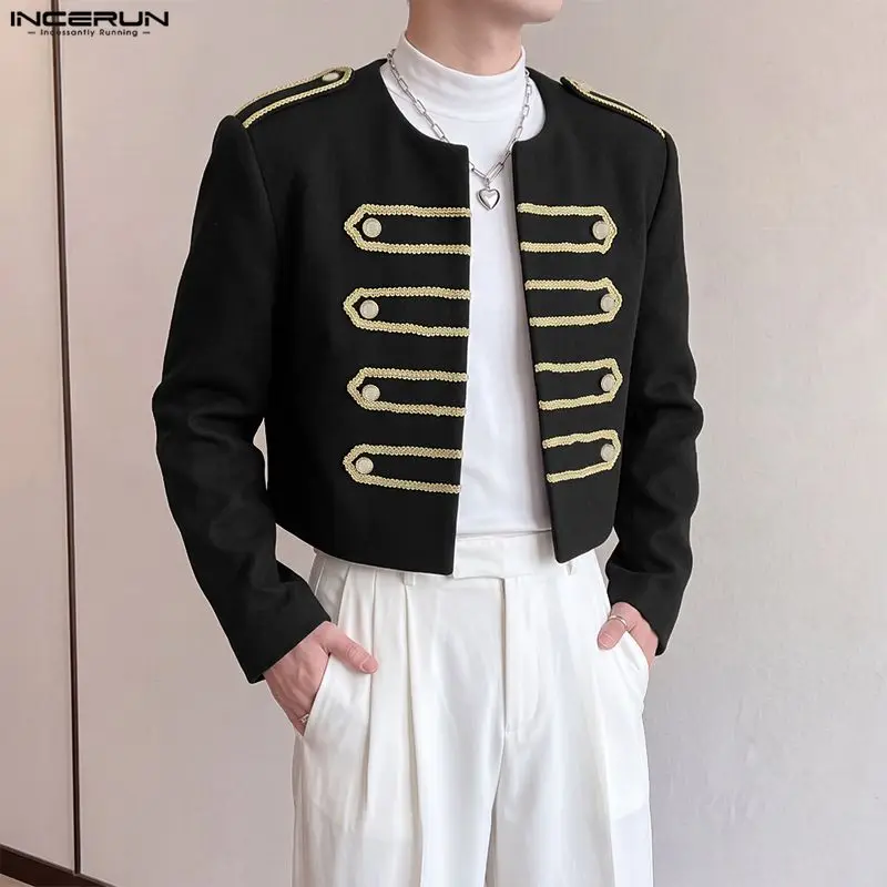 INCERUN Men Blazer Patchwork Long Sleeve Elegant Open Stitch Double Breasted Male Suit Streetwear Autumn Casual Crop Blazer Men
