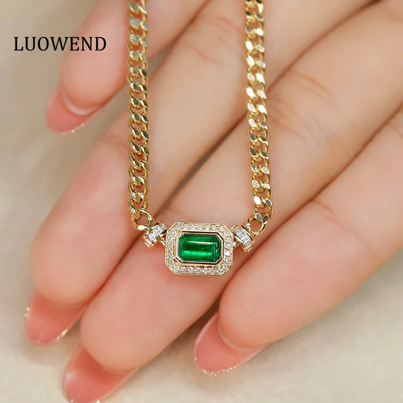 LUOWEND 100% 18K Yellow Gold Necklace Real Natural Diamond Natural Emerald Necklace for Women Luxury Design Wedding Jewelry