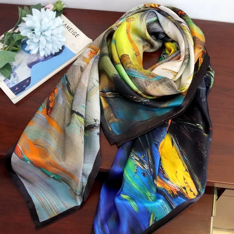 الراقية أنيقة المرأة رائعة النفط اللوحة "بلوم" المطبوعة جودة 16 مللي متر عادي الحرير الحرير المدرفلة يدويا حافة وشاح كبير شال