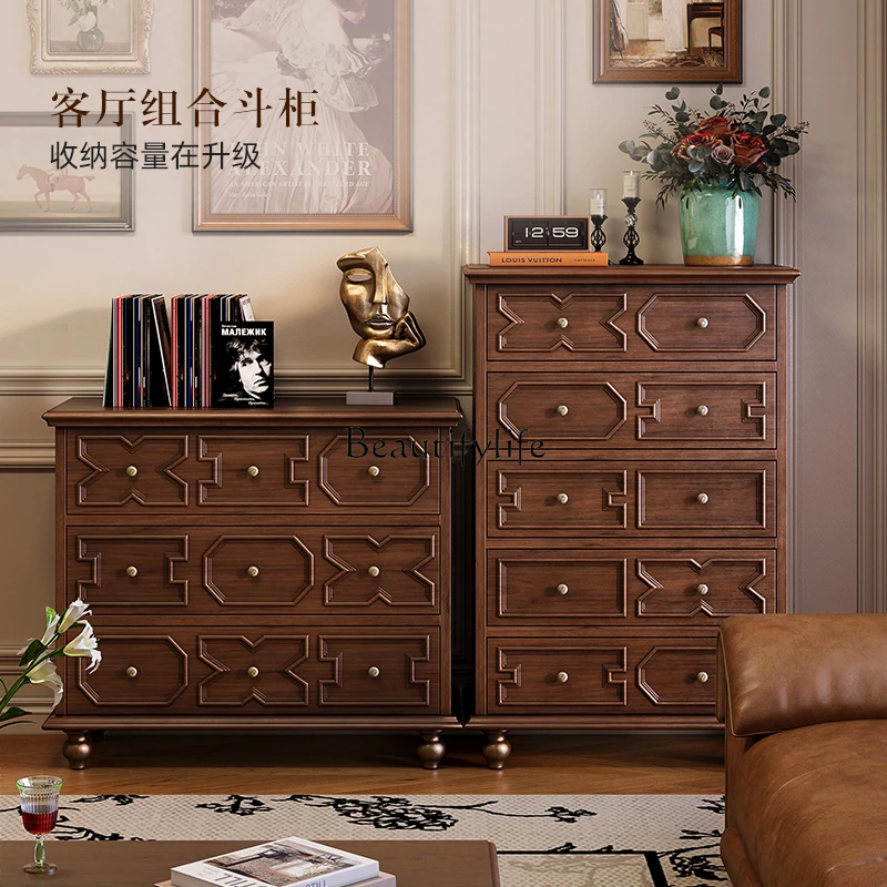 American retro chest of drawers, living room, household solid wood storage against the wall, TV storage cabinet