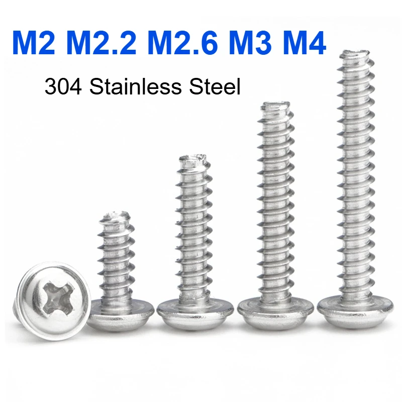 M2 M2.2 M2.6 M3 M4 304 Stainless Steel Phillips Flat Tail Round Head With Washer Self Tapping Screw Cross Pan Truss Screw Bolt