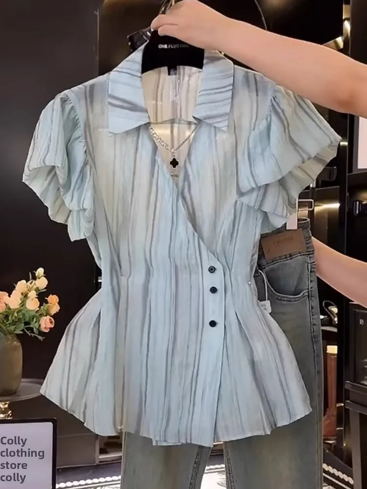 

Корейский японский большой размер adient Stripe V Ne irt женский летний топ с завязкой на талии для похудения на пуговицах повседневная одежда