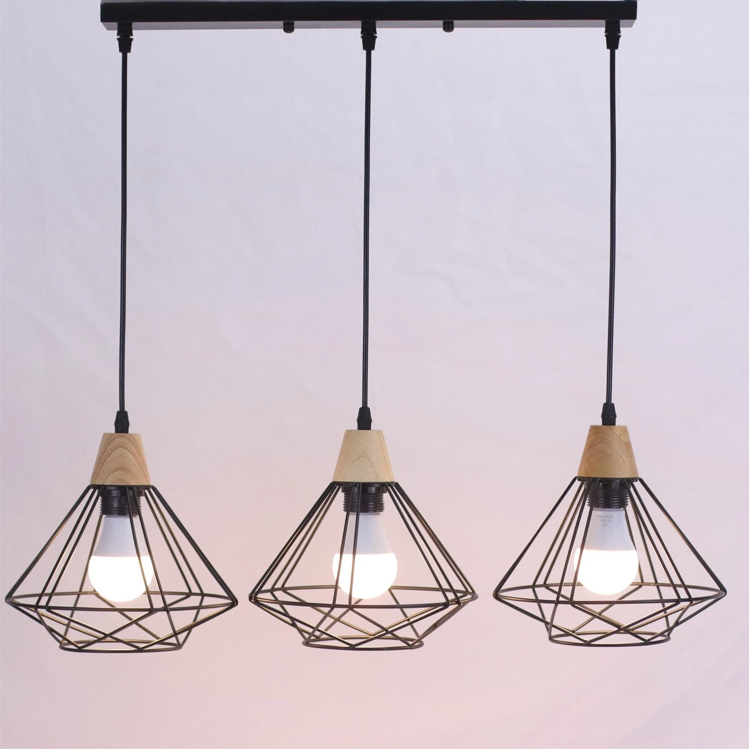 

JOYINLED Mini 3-Light Ceiling Hanging Lighting Living Room Kitchen Restaurant Hanging Light Vintage Wood Iron Cage Pendant Lamp