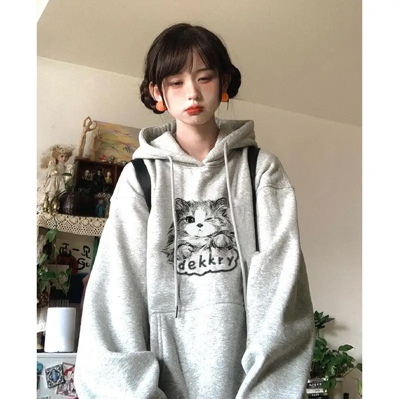 

American Style Hoodies Women Cute Cat Print Pockets Design Top Female Drawstring Loose Sweatshirts Preppy Office Lady Ropa Mujer
