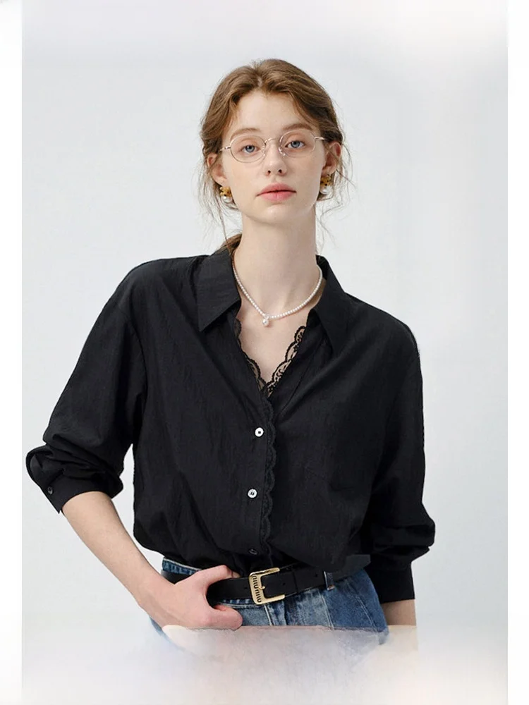 

VEGA CHANG Casual Long Sve Lace Trim Splicing Spring irt Women's Jaet Comfortable Breathable Faionable Commute Sle
