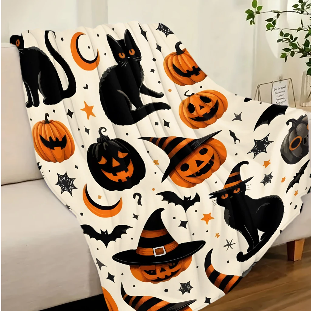 Halloween Throw Blanket Cream Base Black Cat Pumpkin Witch Hat Bat Moon Print Soft Flannel Blanket Sofa Bed Holiday Home Decor