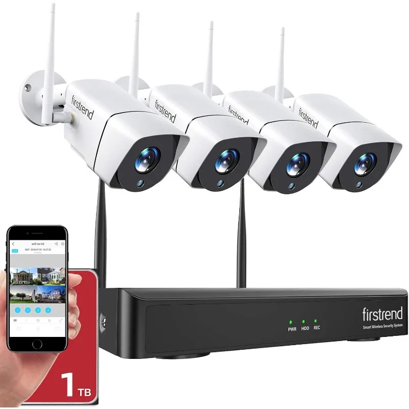 Firstrend 1080P 8CH Wireless Home Security Systems with 4pcs 2MP Full HD Cameras 1TB HDD Night Vision Motion Detection