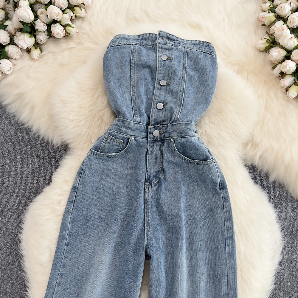 2023 Summer Korean Vintage Bra Jumpsuit High Waist Open Back Sleeveless Pocket Denim Straight Leg Wide Leg Jumpsuit