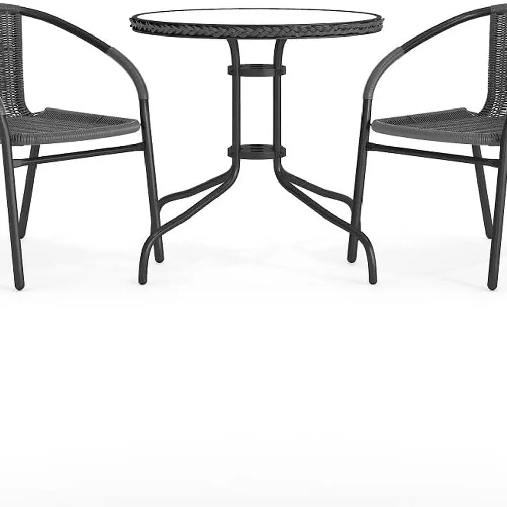 

Gray Outdoor 3-Piece Patio Dining Set with Round Glass Top Metal Table and Stackable Rattan Chairs