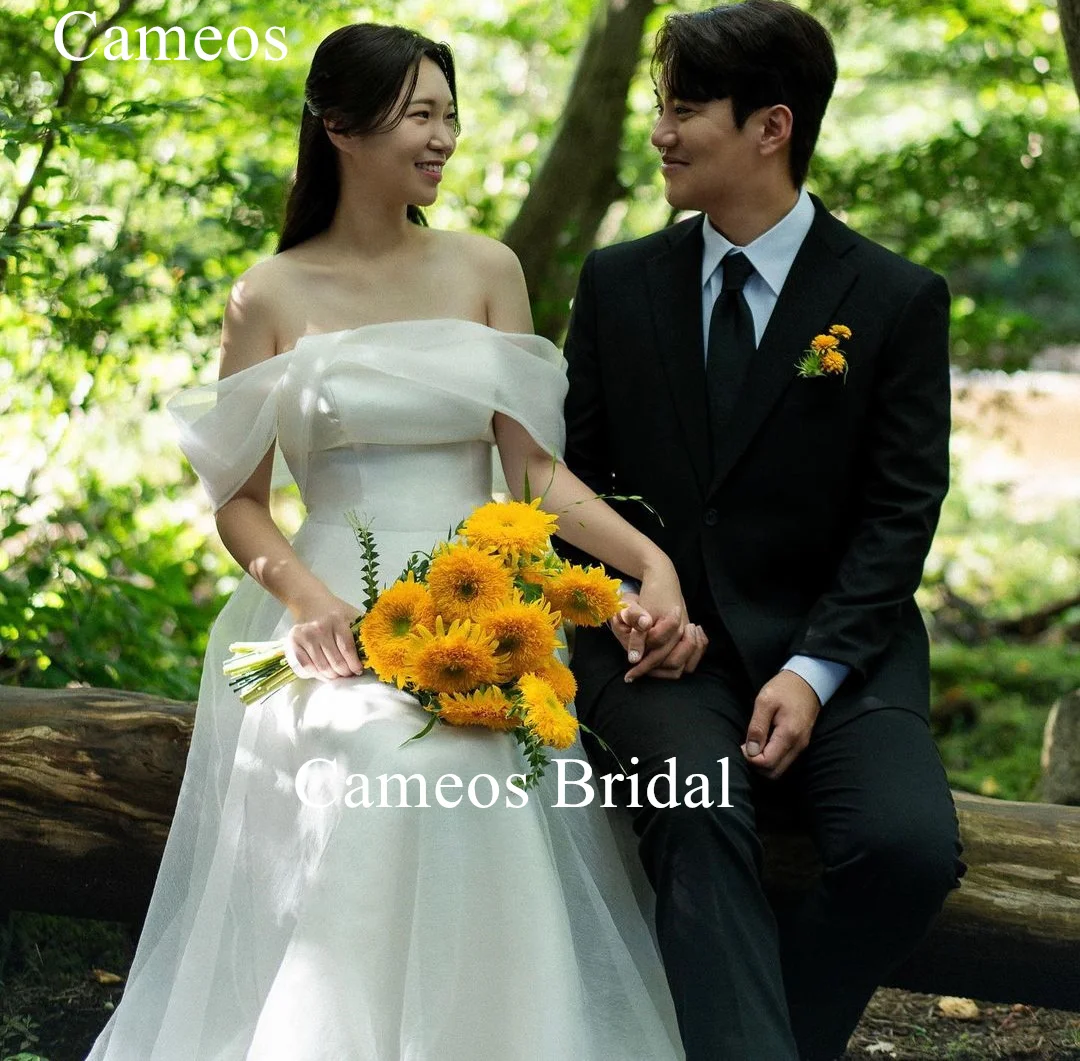 SONDR Korea Off Shoulder Wedding Dress Custom Made Formal Bride Dress Ivory 웨딩드레스  Organza Short Sleeves Wedding Gown Bridal