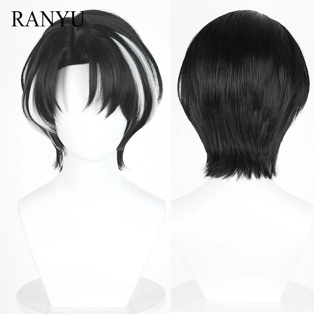 Black White Highlights Short Straight Synthetic Wig Middle Part Anime Game Cosplay Fluffy Wig for Daily Party