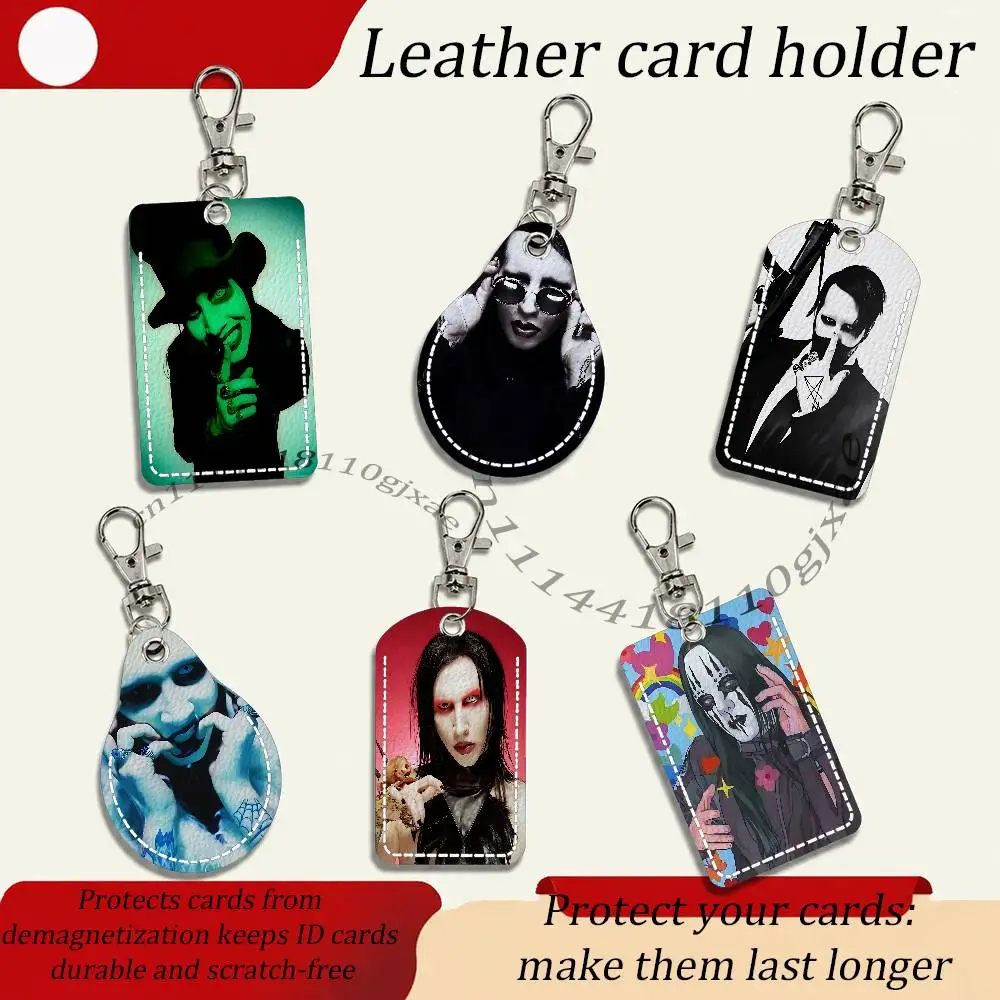 Singer M-Marilyn Mason Rectangle ID Card Case Keychain Access Card Bag Key Tag Ring Leather Card Holder Key Ring