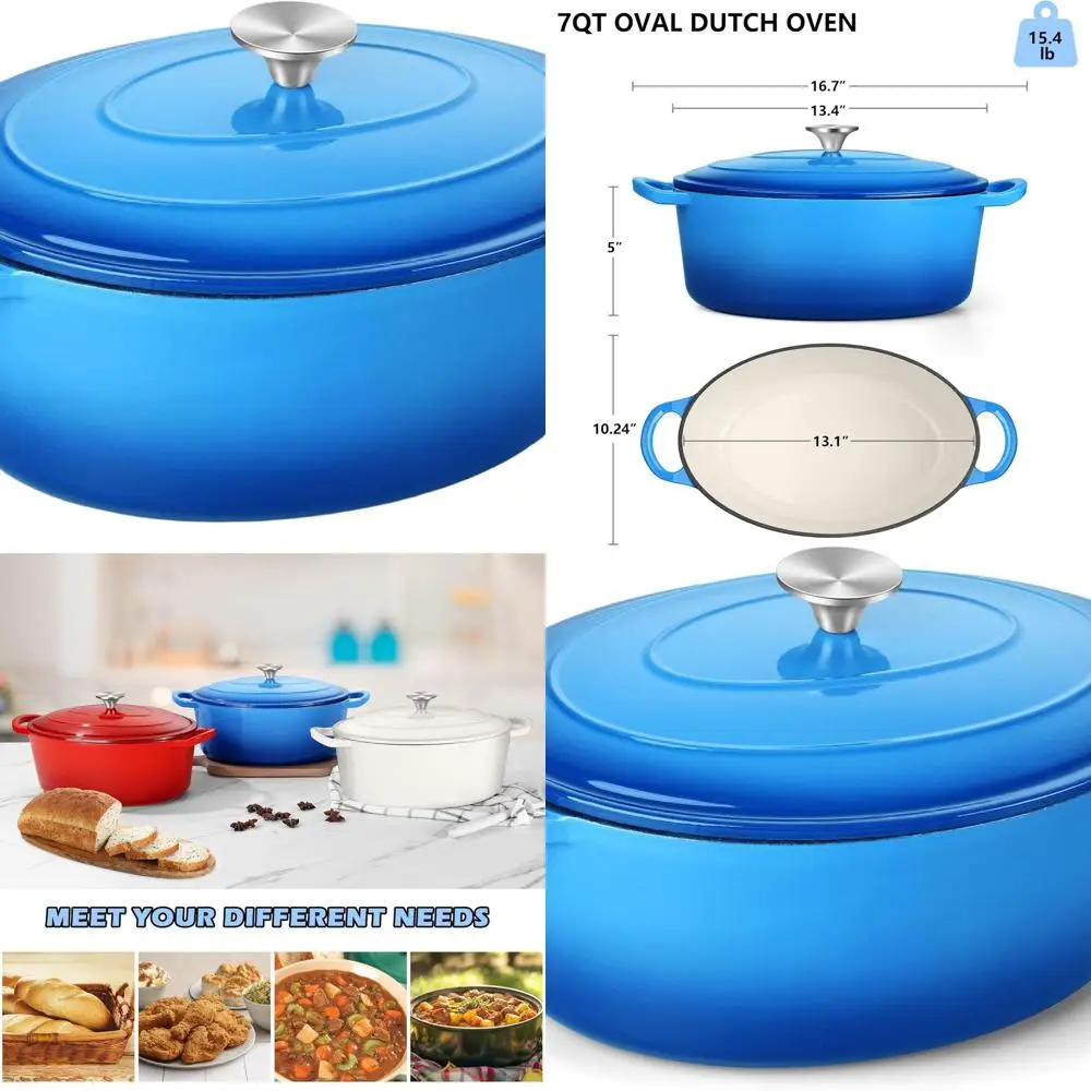 

Enameled Cast Iron Dutch Oven, 7-Quart Oval Pot with Lid, Ideal for Bread Baking, Stewing, Braising, Frying, Suitable for All St