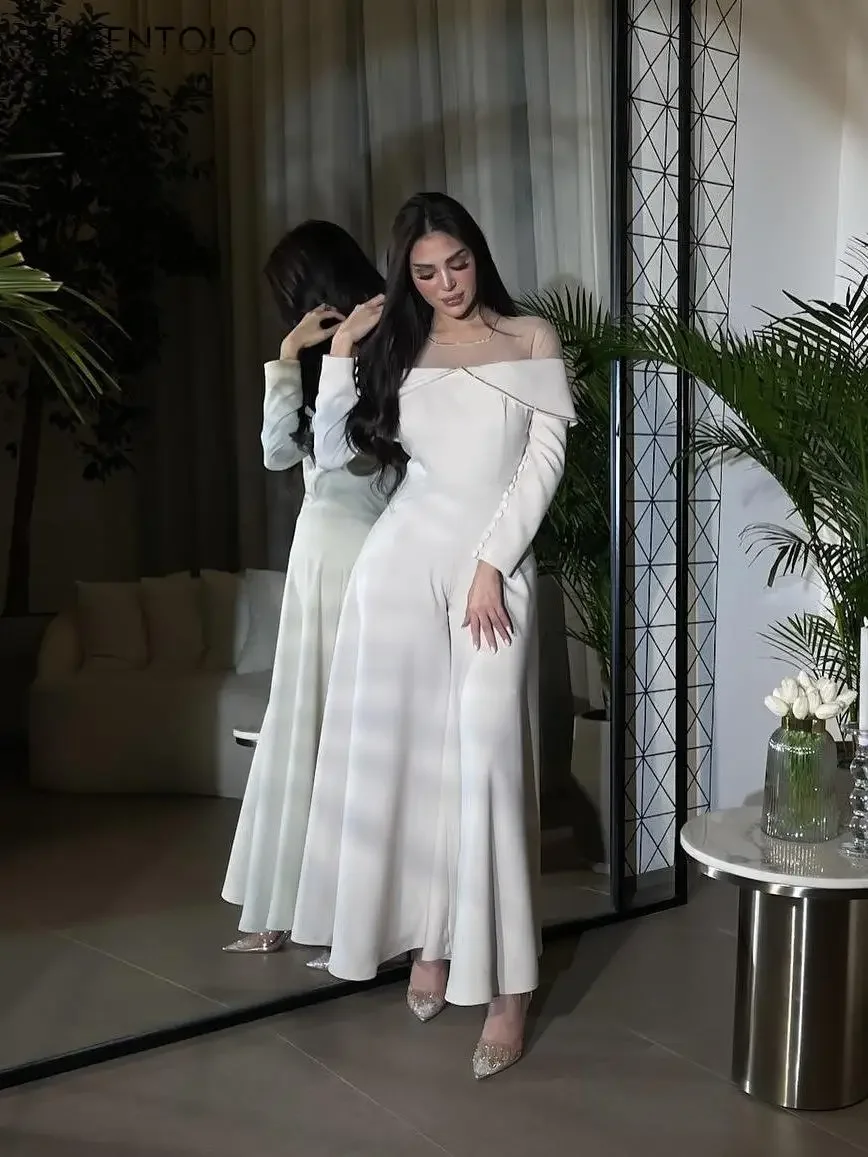 Sexy Party Jumpsuits Women Mesh Splicing Perspective Off The Shoulder Long Sleeve Lady Elegant Empire Banquet Wide Leg Pants