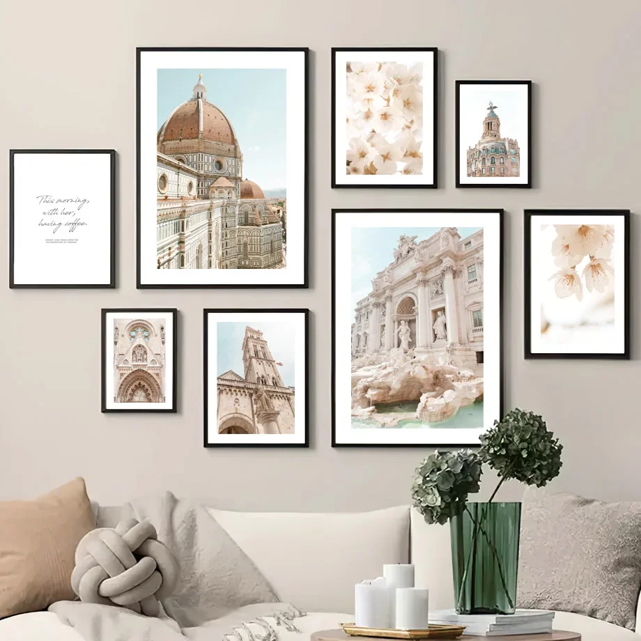 Santorini Sea Rome Trevi Fountain Gothic Church Wall Art Print Canvas Painting Nordic Poster Wall Pictures For Living Room Decor