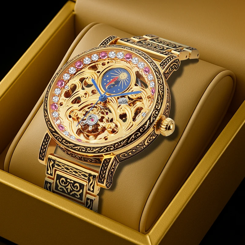 

Мужской стальной ремешок из черного золота с гравировкой и римским винтажным рельефным турбийоном, автоматические механические часы