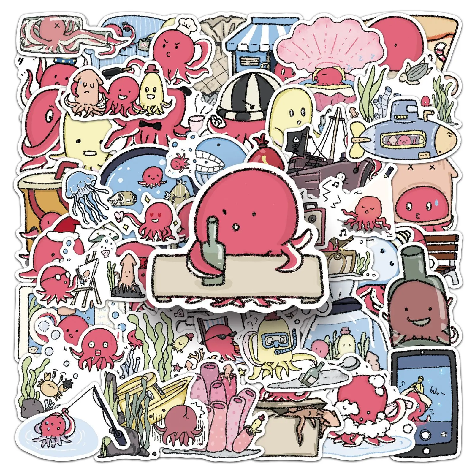 

50PCS Original Underwater World Stickers Cartoon Octopus Daily Waterproof Decorative Water Cup Stickers