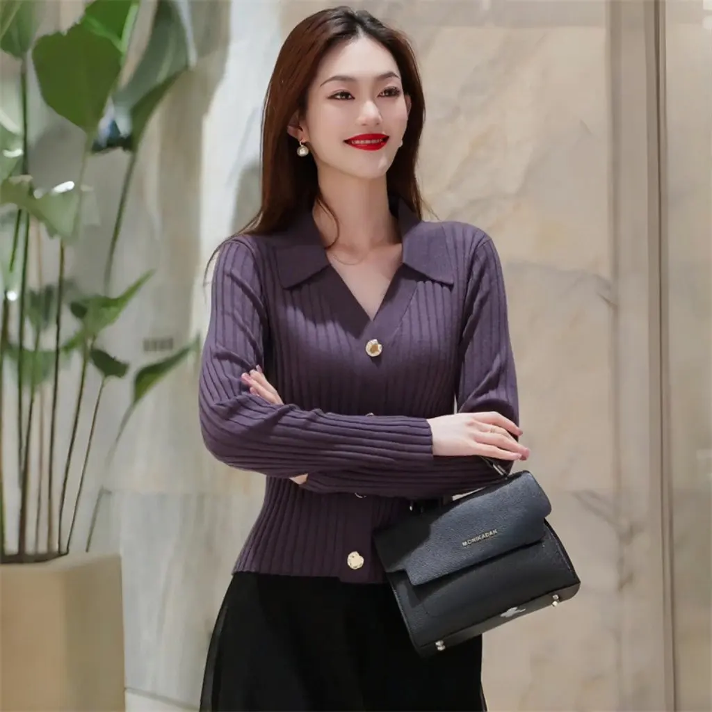 

Women's Fashion Lapel Long Sleeve Knitted Cardigan Slim Fit Elegant Sweater for Spring And Autumn Stylish Inner Base Top