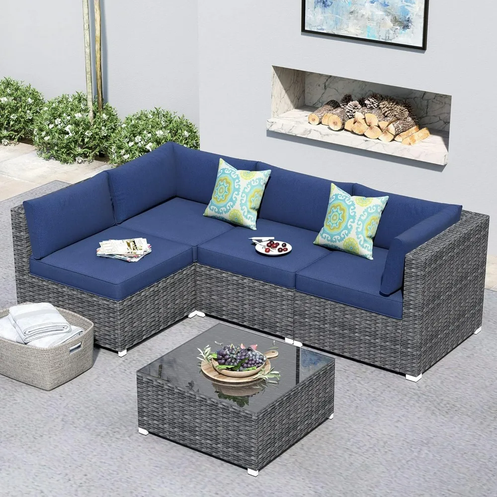 

Patio Furniture Outdoor Sectional Sofa Set 5 PCS All Weather PE Rattan Wicker Outdoor Conversation Loveseat with Coffee Table